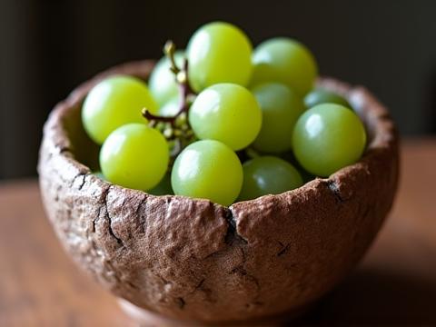 Χειροποίητο κεραμικό μπολ με έντονη, ανάγλυφη υφή και οργανικές φόρμες, γεμάτο με φρούτα